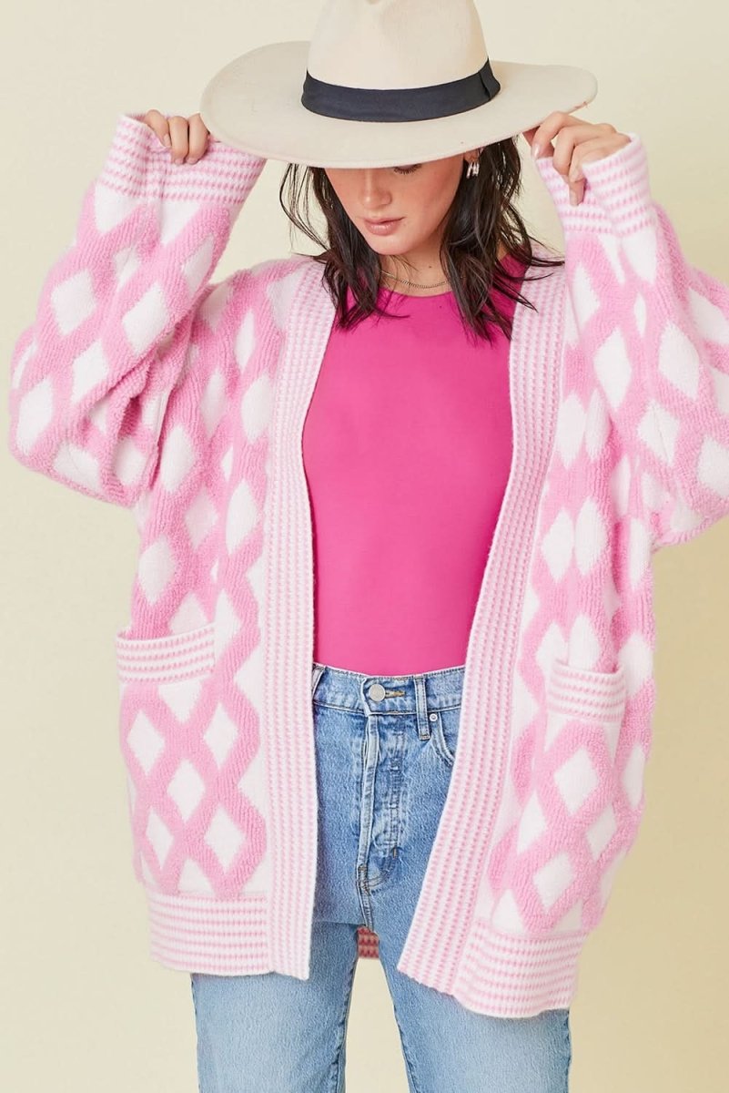 Pink Rhombus Pattern Knit Open Front Pocketed Cardigans - Love Salve